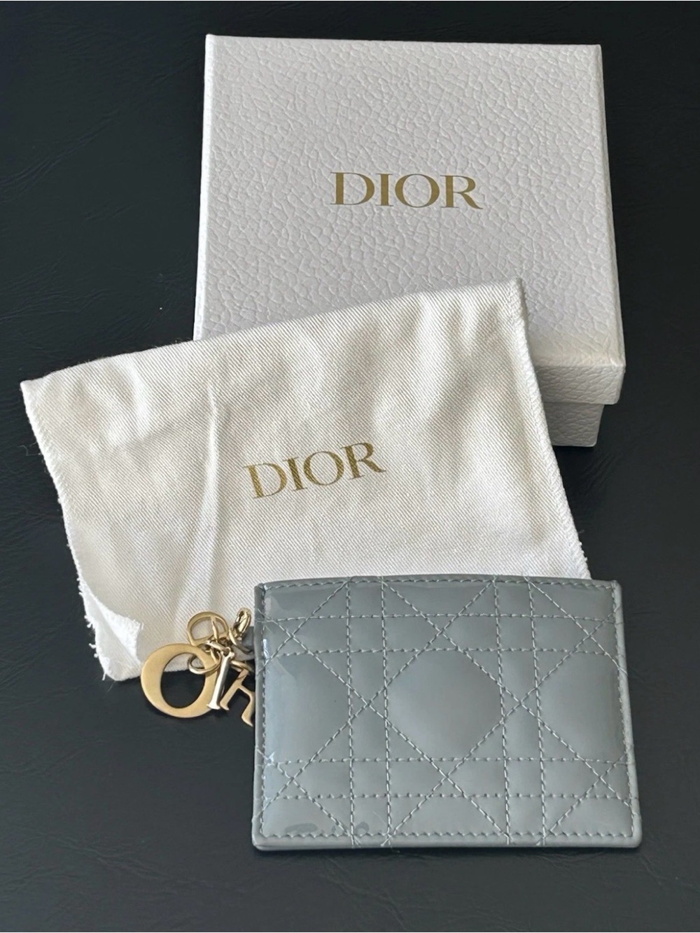 Dior Pale Gray Leather Card Holder with Gold Charms - Picture 2 of 5